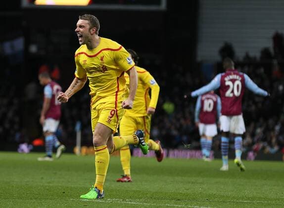 Rickie Lambert of Liverpool celebrates scoring the second goal - Barclays Premier League - Aston Villa vs Liverpool - Villa Park Stadium - Birmingham - England - 17th January 2015 - Picture Simon Bellis Sportimage EDITORIAL USE ONLY. No use with unauthorised audio, video, data, fixture lists, club league logos or live services. Online in-match use limited to 120 images, no video emulation. No use in betting, games or single club league player publications.