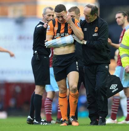 Hull s James Chester goes off injured Barclays Premier League - West Ham United vs Hull City - Upton Park - England - 18th January 2015 - Picture David Klein Sportimage EDITORIAL USE ONLY. No use with unauthorised audio, video, data, fixture lists, club league logos or live services. Online in-match use limited to 120 images, no video emulation. No use in betting, games or single club league player publications.