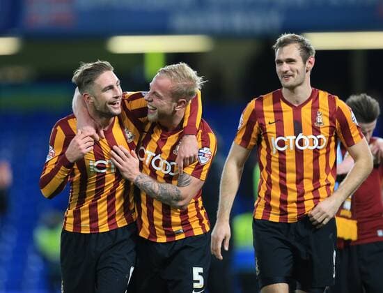 Bradford s Gary Liddle celebrates with Andrew Davies at the final whistle FA Cup Fourth Round - Chelsea vs Bradford City - Stamford Bridge - England - 24th January 2015 - Picture David Klein Sportimage EDITORIAL USE ONLY. No use with unauthorised audio, video, data, fixture lists, club league logos or live services. Online in-match use limited to 120 images, no video emulation. No use in betting, games or single club league player publications.