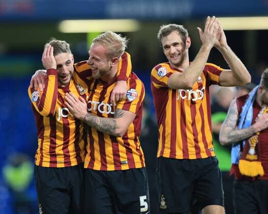 Bradford s Gary Liddle celebrates with Andrew Davies at the final whistle FA Cup Fourth Round - Chelsea vs Bradford City - Stamford Bridge - England - 24th January 2015 - Picture David Klein Sportimage EDITORIAL USE ONLY. No use with unauthorised audio, video, data, fixture lists, club league logos or live services. Online in-match use limited to 120 images, no video emulation. No use in betting, games or single club league player publications.