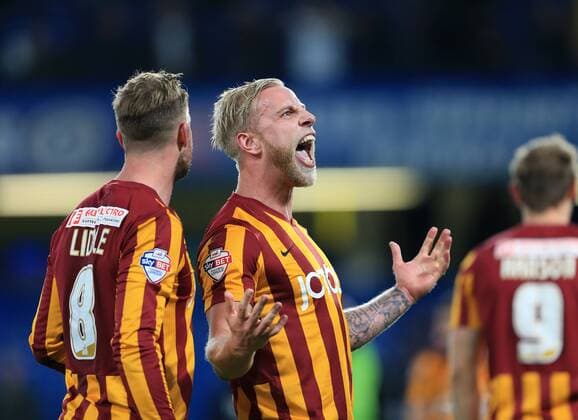 Bradford s Gary Liddle celebrates with Andrew Davies at the final whistle FA Cup Fourth Round - Chelsea vs Bradford City - Stamford Bridge - England - 24th January 2015 - Picture David Klein Sportimage EDITORIAL USE ONLY. No use with unauthorised audio, video, data, fixture lists, club league logos or live services. Online in-match use limited to 120 images, no video emulation. No use in betting, games or single club league player publications.