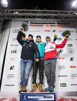 24.01.2015, Zielhaus, Kitzbuehel, AUT, FIS Ski Weltcup, Abfahrt, Herren, Siegerehrung, im Bild v.l. Guillermo Fayed (FRA, 3. Platz), Kjetil Jansrud (NOR, 1. Platz), Dominik Paris (ITA, 2. Platz) 3rd placed Guillermo Fayed of France, 1st placed Kjetil Jansrud of Norway, 2nd placed Dominik Paris of Italy celebrates on podium during the award ceremony for the men s downhill of Kitzbuehel FIS Ski Alpine World Cup at the Zielhaus in Kitzbuehel, Austria on 2015 01 24. EX_GRO