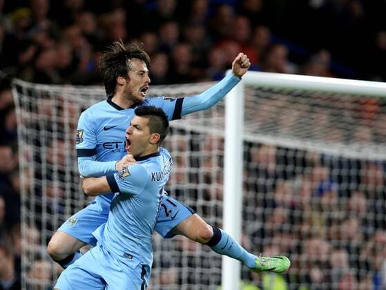 (150201) -- LONDON, Jan. 31, 2015 -- David Silva (above) of Manchester City celebrates with his teammate Sergio Aguero after scoring during the Barclays Premier League match between Chelsea and Manchester City at Stamford Bridge in London, England on January 31, 2015. The match ended in 1-1 draw. ) FOR EDITORIAL USE ONLY. NOT FOR SALE FOR MARKETING OR ADVERTISING CAMPAIGNS. NO USE WITH UNAUTHORIZED AUDIO, VIDEO, DATA, FIXTURE LISTS, CLUB LEAGUE LOGOS OR LIVE SERVICES. ONLINE IN-MATCH USE LIMITED TO 45 IMAGES, NO VIDEO EMULATION. NO USE IN BETTING, GAMES OR SINGLE CLUB LEAGUE PLAYER PUBLICATIONS. (SP)UK-LONDON-SOCCER-BARCLAYS PREMIER LEAGUE-CHELSEA VS MANCHESTER CITY HanxYan
