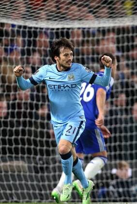 (150201) -- LONDON, Jan. 31, 2015 -- David Silva of Manchester City celebrates after scoring during the Barclays Premier League match between Chelsea and Manchester City at Stamford Bridge in London, England on January 31, 2015. The match ended in 1-1 draw. ) FOR EDITORIAL USE ONLY. NOT FOR SALE FOR MARKETING OR ADVERTISING CAMPAIGNS. NO USE WITH UNAUTHORIZED AUDIO, VIDEO, DATA, FIXTURE LISTS, CLUB LEAGUE LOGOS OR LIVE SERVICES. ONLINE IN-MATCH USE LIMITED TO 45 IMAGES, NO VIDEO EMULATION. NO USE IN BETTING, GAMES OR SINGLE CLUB LEAGUE PLAYER PUBLICATIONS. (SP)UK-LONDON-SOCCER-BARCLAYS PREMIER LEAGUE-CHELSEA VS MANCHESTER CITY HanxYan
