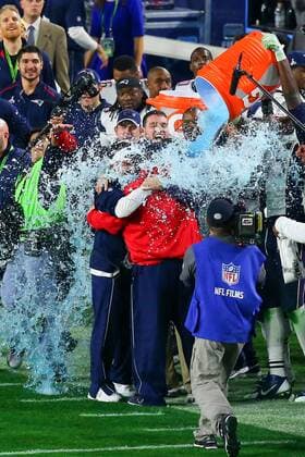 01 FEB 2015: New England Patriots Head coach Bill Belichick gets a gatorade bath after the New England Patriots defeat the Seattle Seahawks 28-24 in Super Bowl XLIX at University of Phoenix Stadium in Glendale Arizona. NFL American Football Herren USA FEB 01 Super Bowl XLIX - Patriots v Seahawks Icon020115047 EDITORIAL USE ONLY