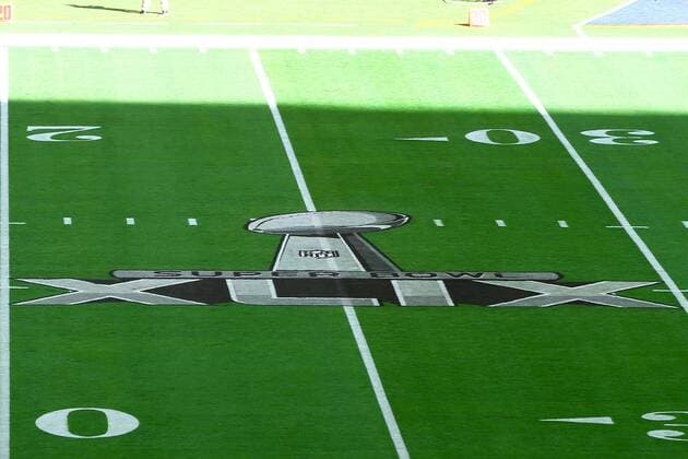 01 FEB 2015: Super Bowl XLIX Logo on the field prior to Super Bowl XLIX being played at University of Phoenix Stadium. The New England Patriots defeat the Seattle Seahawks 28-24 in Super Bowl XLIX at University of Phoenix Stadium in Glendale Arizona. NFL American Football Herren USA FEB 01 Super Bowl XLIX - Patriots v Seahawks Icon020115293 EDITORIAL USE ONLY
