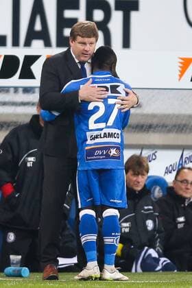 - GENT, BELGIUM: Gent s head coach Hein Vanhaezebrouck and Gent s Moses Simon pictured during the Jupiler Pro League match between KAA Gent and KVC Westerlo, in Gent, Saturday 07 February 2015, on day 25 of the Belgian soccer championship. BRUNOxFAHY x04563491x