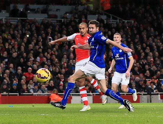 Arsenal s Theo Walcott scoring his sides second goal Barclays Premier League- Arsenal vs Leicester City - Emirates Stadium - England - 10th February 2015 - Picture David Klein Sportimage EDITORIAL USE ONLY. No use with unauthorised audio, video, data, fixture lists, club league logos or live services. Online in-match use limited to 120 images, no video emulation. No use in betting, games or single club league player publications.