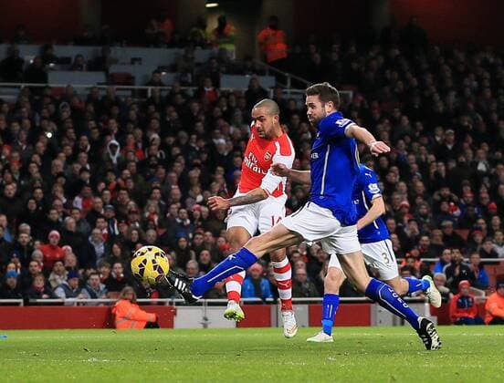 Arsenal s Theo Walcott scoring his sides second goal Barclays Premier League- Arsenal vs Leicester City - Emirates Stadium - England - 10th February 2015 - Picture David Klein Sportimage EDITORIAL USE ONLY. No use with unauthorised audio, video, data, fixture lists, club league logos or live services. Online in-match use limited to 120 images, no video emulation. No use in betting, games or single club league player publications.