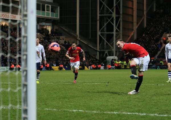 Manchester United ManU s Wayne Rooney scoring his sides third goal FA Cup - Preston North End vs Manchester United - Deepdale - England - 16th February 2015 - Picture David Klein Sportimage EDITORIAL USE ONLY. No use with unauthorised audio, video, data, fixture lists, club league logos or live services. Online in-match use limited to 120 images, no video emulation. No use in betting, games or single club league player publications.