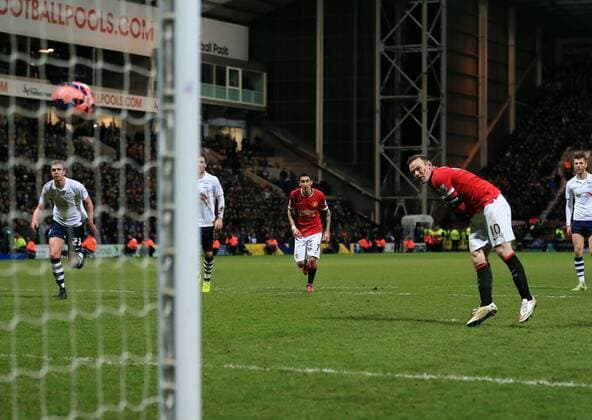 Manchester United ManU s Wayne Rooney scoring his sides third goal FA Cup - Preston North End vs Manchester United - Deepdale - England - 16th February 2015 - Picture David Klein Sportimage EDITORIAL USE ONLY. No use with unauthorised audio, video, data, fixture lists, club league logos or live services. Online in-match use limited to 120 images, no video emulation. No use in betting, games or single club league player publications.