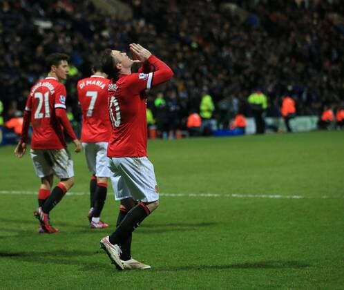Manchester United ManU s Wayne Rooney celebrates scoring his sides third goal FA Cup - Preston North End vs Manchester United - Deepdale - England - 16th February 2015 - Picture David Klein Sportimage EDITORIAL USE ONLY. No use with unauthorised audio, video, data, fixture lists, club league logos or live services. Online in-match use limited to 120 images, no video emulation. No use in betting, games or single club league player publications.