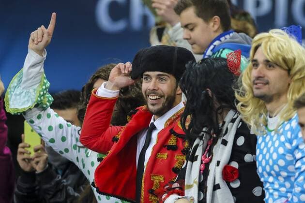 Fans, Fussballfans, supporters, spectators, Zuschauer, Jacke, Kutte, Weste, Fankurve Spanien spanische FC SCHALKE 04 - REAL MADRID 0-2 , Fussball UEFA Champions League, Achtelfinale, Gelsenkirchen, 18.02.2015 CL Saison 2014 2015,