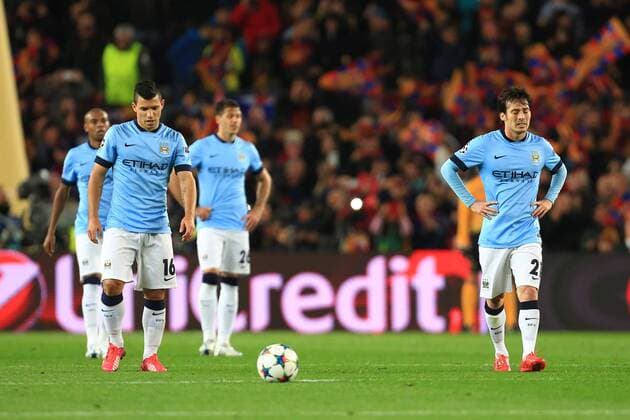 Manchester City are left dejected following the opening goal - Barcelona vs. Manchester City - UEFA Champion s League - Round of 16, second leg - Nou Camp - Barcelona - 18 03 2015 Pic Philip Oldham Sportimage EDITORIAL USE ONLY. No use with unauthorised audio, video, data, fixture lists, club league logos or live services. Online in-match use limited to 120 images, no video emulation. No use in betting, games or single club league player publications.