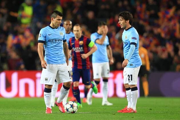 Manchester City are left dejected following the opening goal - Barcelona vs. Manchester City - UEFA Champion s League - Round of 16, second leg - Nou Camp - Barcelona - 18 03 2015 Pic Philip Oldham Sportimage EDITORIAL USE ONLY. No use with unauthorised audio, video, data, fixture lists, club league logos or live services. Online in-match use limited to 120 images, no video emulation. No use in betting, games or single club league player publications.