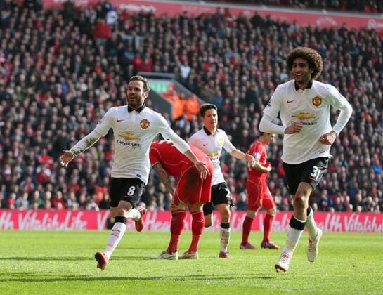 Juan Mata of Manchester United ManU celebrates his spectacular second goal - Barclays Premier League - Liverpool vs Manchester Utd - Anfield Stadium - Liverpool - England - 22nd March 2015 - Picture Simon Bellis Sportimage EDITORIAL USE ONLY. No use with unauthorised audio, video, data, fixture lists, club league logos or live services. Online in-match use limited to 120 images, no video emulation. No use in betting, games or single club league player publications.