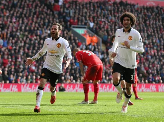 Juan Mata of Manchester United ManU celebrates his spectacular second goal - Barclays Premier League - Liverpool vs Manchester Utd - Anfield Stadium - Liverpool - England - 22nd March 2015 - Picture Simon Bellis Sportimage EDITORIAL USE ONLY. No use with unauthorised audio, video, data, fixture lists, club league logos or live services. Online in-match use limited to 120 images, no video emulation. No use in betting, games or single club league player publications.