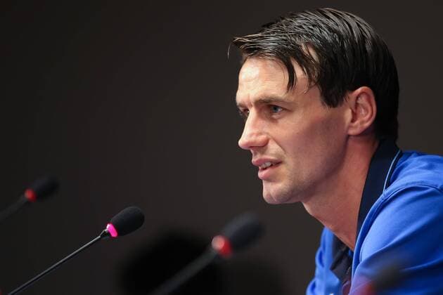 - BRUGGE, BELGIUM: Club s Davy De Fauw pictured during a press conference PK Pressekonferenz of Club Brugge, in Brugge stadium, Wednesday 15 April 2015. Belgian first league soccer team Club Brugge will play tomorrow a first leg quarter final game of Uefa Europa League competition against Ukrainian soccer club Dnipro. BRUNOxFAHY x04604567x
