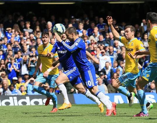 Chelsea s Eden Hazard scoring his sides opening goal Barclays Premier League - Chelsea vs Crystal Palace - Stamford Bridge - England - 3rd May 2015 - Picture David Klein Sportimage EDITORIAL USE ONLY. No use with unauthorised audio, video, data, fixture lists, club league logos or live services. Online in-match use limited to 120 images, no video emulation. No use in betting, games or single club league player publications.