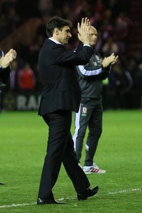 Aitor Karanka, Middlesbrough manager applauds the fans - Middlesbrough vs. Brentford - Skybet Championship - Play Off Second Leg - Riverside Stadium - Middlesbrough - 15 05 2015 Pic Philip Oldham Sportimage EDITORIAL USE ONLY. No use with unauthorised audio, video, data, fixture lists, club league logos or live services. Online in-match use limited to 120 images, no video emulation. No use in betting, games or single club league player publications.