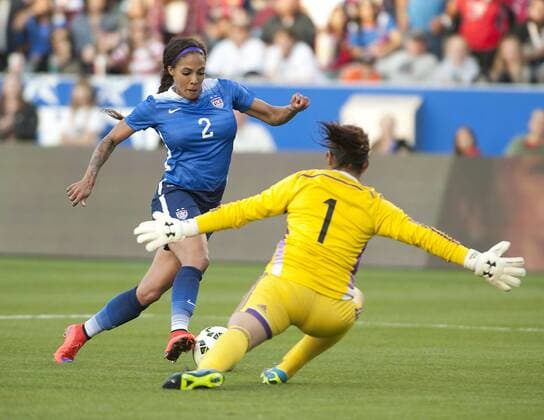 May 17, 2015 - Carson, California, U.S - Carson, California. 17 May 2015. The United States Women s national team Nationalteam defeated Mexico, 5-1, in an exhibition match Sunday ahead of the Women s World Cup in June 2015. Pictured is US player, Sydney Laroux dribbling passed Mexico s Goalkeeper, Cecilia Santiago, resulting to an assist to a goal. US Women s Natiional Team Defeated Mexico, 5-1 - ZUMAp124