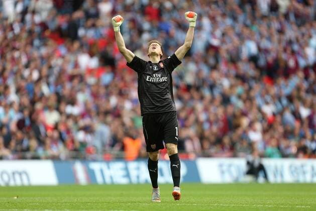 Arsenal s Wojciech Szczesny celebrates his sides second goal - Arsenal vs. Aston Villa - FA Cup Final - Wembley Stadium - London - 30 05 2015 Pic Philip Oldham Sportimage EDITORIAL USE ONLY. No use with unauthorised audio, video, data, fixture lists, club league logos or live services. Online in-match use limited to 120 images, no video emulation. No use in betting, games or single club league player publications.