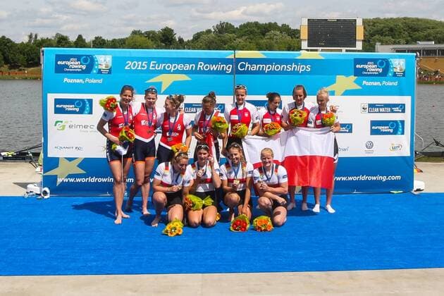 Aktuell Rudern, EM in Posen, Siegerehrung EUROPEAN ROWING CHAMPIONSHIPS POZNAN 2015 Agnieszka Kobus, Joanna Leszczynska, Maria Springwald, Monika Ciaciuch (POL), Alice Mayne, Eleonore Dubuis, Daphne Socha, Chloe Poumailloux (FRA), Nicole Beukers, Chantal Achtenberg, Inge Janssen, Carline Bouw (NED) W4x , 20150531_awj_1379