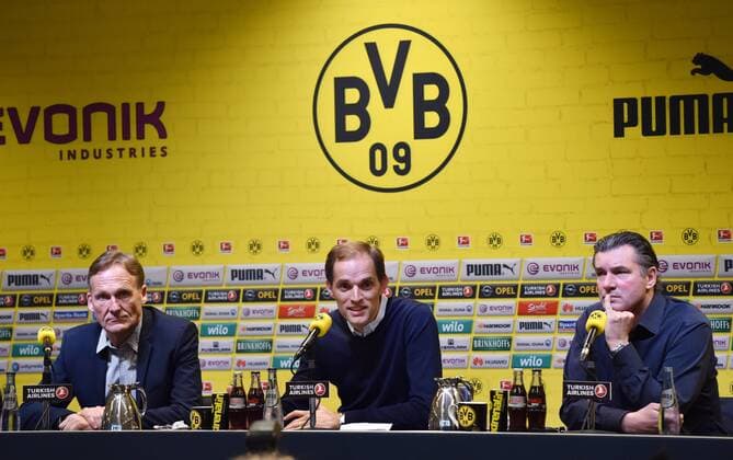 03.06.2015, Fussball, Saison 2015 16, 1. Bundesliga, Pressekonferenz, Vorstellung von Thomas Tuchel als neuer Trainer von Borussia Dortmund, v.re., Manager Michael Zorc (Borussia Dortmund), Trainer Thomas Tuchel (Borussia Dortmund), Geschaeftsfuehrer Hans-Joachim Watzke (Hans Joachim Watzke, Borussia Dortmund)