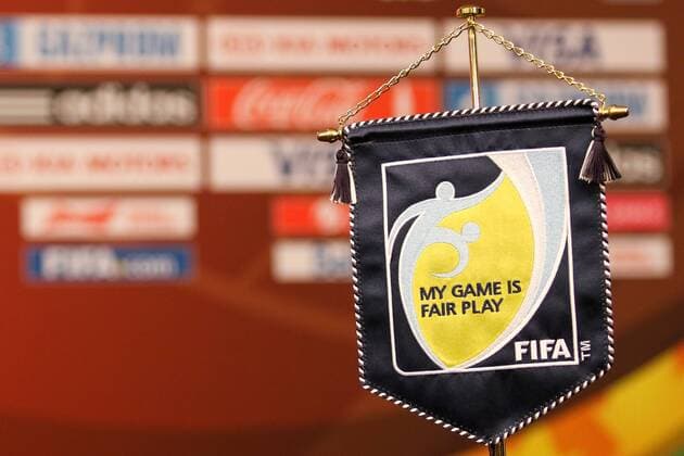 My Game Is Fair Play, Motto der FIFA, Wimpel, Wappen, Logo, Emblem, Symbolfoto, Symbolbild, Symbol, Fairplay, Fussball, FIFA Frauen-WM 2015, Pressekonferenz vor Deutschland gegen Norwegen, xozx