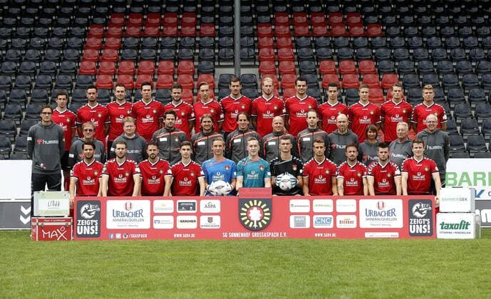 Mannschaftsfototermin 2015 2016. Hinten V.li.: Josip Landeka, Felice Vecchione, Pascal Breier, Jeremias Lorch, Daniel Hägele, Tobias Schröck, Robin Schuster, Kai Gehring, Julian Leist, Niklas Schommer, Sebastian Schiek, Robin Binder, Mirko SchusterMitte V.li. : Dr. Karsten Reichmann, Andy Jung, Harry Anders, Michael Gurski, Martin Cimander, Trainer Rüdiger Rehm, Mike Krannich, Axel Mäder, Volker Max, Sissi Stättmayer, Rolf Schust, Dr. Heiko Kachel), (first row from left to right: Shiqiprim Binakaj, Michele Rizzi, Denis Berger, Christian Heinrich, Kevin Broll, Christopher Gäng, Bojan Spasojevic, Pascal Sohm, David Kienast, Nicolas Jüllich, Tobias Rühle Fototermin SG Sonnenhof Grossaspach 2015-2016 . Großaspach, GER, 24.06.2015 ,Fussball 3. Liga 2015 2016.