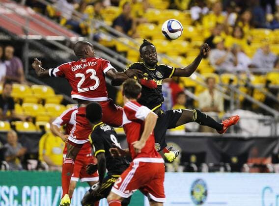 June 24, 2015 - Columbus, OH, USA - The New England Revolution s Jose Goncalves, top left, and the Columbus Crew s Kei Kamara leap for the ball during the second half at Mapfre Stadium in Columbus, Ohio, on Wednesday, June 24, 2015. The Crew won, 2-1. New England at Columbus - ZUMAm67_