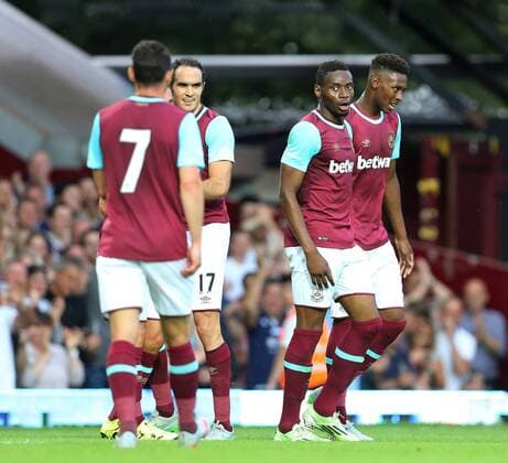 West Ham s Diafra Sakho celebrates scoring his sides second goal with Reece Oxford UEFA Europa League, Qualifying Round- Upton Park - England - 2nd July 2015 - Picture David Klein Sportimage EDITORIAL USE ONLY. No use with unauthorised audio, video, data, fixture lists, club league logos or live services. Online in-match use limited to 120 images, no video emulation. No use in betting, games or single club league player publications.