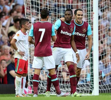 West Ham s Diafra Sakho celebrates scoring his sides opening goal UEFA Europa League, Qualifying Round- Upton Park - England - 2nd July 2015 - Picture David Klein Sportimage EDITORIAL USE ONLY. No use with unauthorised audio, video, data, fixture lists, club league logos or live services. Online in-match use limited to 120 images, no video emulation. No use in betting, games or single club league player publications.