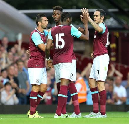 West Ham s Diafra Sakho celebrates scoring his sides second goal with Reece Oxford UEFA Europa League, Qualifying Round- Upton Park - England - 2nd July 2015 - Picture David Klein Sportimage EDITORIAL USE ONLY. No use with unauthorised audio, video, data, fixture lists, club league logos or live services. Online in-match use limited to 120 images, no video emulation. No use in betting, games or single club league player publications.