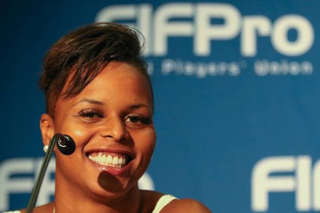 Karina LeBlanc (Torfrau, Kanada, FIFPro Mitglied), auf der Pressekonferenz der Gewerkschaft FIFPro World Players Union, Freude, freundlich, fröhlich, strahlend, optimistisch, Fussball, FIFA Frauen-WM 2015, Pressekonferenz, xozx