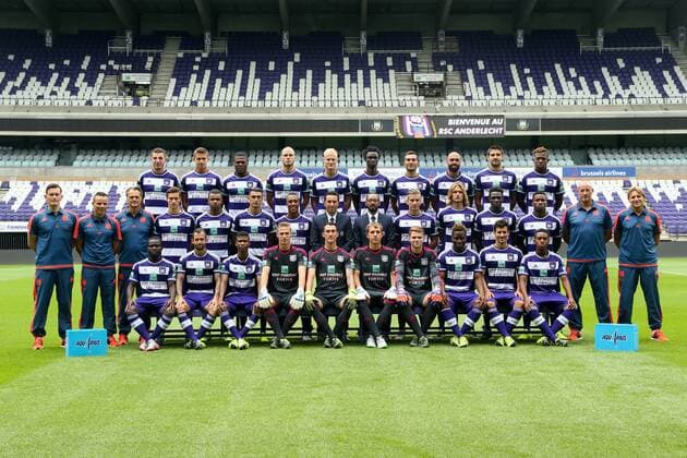 - BRUSSELS, BELGIUM: (Back Row L-R), Michael Heylen, Leander Dendoncker, Chancel Mbemba, Bram Nuytinck, Olivier Deschacht, Idrissa Sylla , Ivan Obradovic, Anthony Vanden Borre, Alexandar Mitrovic, Aaron Leya Iseka, (Middle Row L-R) physical trainer Jurgen Seegers, assistant coach Mohamed Ouahbi, analyst Bart Meert, Herve Matthys, Nathan De Medina, Matias Suarez, Youri Tielemans, head coach Besnik Hasi, team manager Gunther Van Handenhoven, Dennis Praet, Guillaume Gillet, Fabrice N Sakala, Anderlecht s Andy Kawaya, assistant coach Geert Emmerechts, (Back Row L-R) Frank Acheampong, Steven Defour, Ibrahima Conte, Thomas Kaminski, goalkeeper Silvio Proto, goalkeeper Davy Roef, goalkeeper Liam Bossin, Nathan Kabasele, Maxime Colin and Samuel Bastien pose for the photographer during the 2015-2016 season photo shoot of Belgian first league soccer team RSC Anderlecht, Tuesday 14 July 2015 in Brussels. VIRGINIExLEFOUR x04663847x