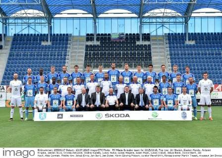 FK Mlada Boleslav team for 2015 2016. Top row: Jiri Skalak, Gaston Mendy, Antonin Krapka, Jasmin Scuk, Ondrej Zahustel, Ondrej Kudela, Lukas Hulka, Lukas Magera, Adam Pajer, Lukas Vrastil, Jakub Rada, Daniel Bartl, Jan Koch, Ales Cermak. Middle row: Jakub Divis, Jan Boril, Jan Sisler, Kevin Edwing Malpon, curator Pavel Uhlir, fitness trainer Martin Trasak, masseur Jan Skoupy, goalie coach Filip Toncar, David Jarolim, assistant coach Boris Koci, physiotherapist Vaclav Kubicek, Florian Milla, Tomas Fabian, Jan Stohanzl, Lukas Godula. Bottom row: Jan Seda, Jan Kysela, Jan Chramosta, club director Michael Dolezal, board member Frantisek Petrtyl, coach Karel Jarolim, club president Josef Dufek, club secretary Vladimir Rosenberger, Milan Baros, Stanislav Klobasa, Robert Veselovsky, July 13, 2015, Mlada Boleslav, Czech Republic. (CTKxPhoto RadekxPetrasek) CTKPhotoP201507140761001 PER