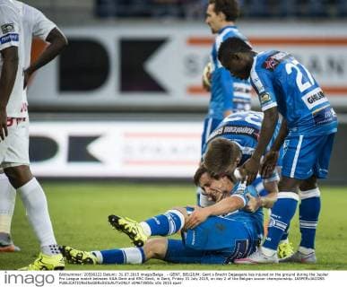 - GENT, BELGIUM: Gent s Brecht Dejaegere lies injured on the ground during the Jupiler Pro League match between KAA Gent and KRC Genk, in Gent, Friday 31 July 2015, on day 2 of the Belgian soccer championship. JASPERxJACOBS x04673850x