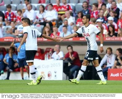 Tottenham s Nacer Chadli celebrates scoring his sides opening goal Audi Cup 2015 - Tottenham Hotspur vs AC Milan - Allianz Arena- Munich -Germany - 5th August 2015 - Picture David Klein Sportimage EDITORIAL USE ONLY. No use with unauthorised audio, video, data, fixture lists, club league logos or live services. Online in-match use limited to 120 images, no video emulation. No use in betting, games or single club league player publications.