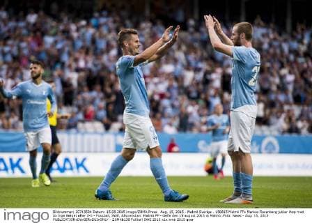 Aug. 15, 2015 - Malmö Sverige - 150815 Malmö FFs Markus Rosenberg jublar ihop med Jo Inge Berget efter 2-0 - Fussball, SWE, Allsvenskan: Malmö FF - Gefle den 15 august 2015 in Malmö..Foto: News - Aug. 15, 2015 - ZUMAb138