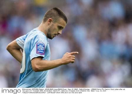 Aug. 15, 2015 - Malmö Sverige - 150815 Malmö FFs Vladimir Rodic jublar efter att han gjort 1-0 - Fussball, SWE, Allsvenskan: Malmö FF - Gefle den 15 august 2015 in Malmö..Foto: News - Aug. 15, 2015 - ZUMAb138