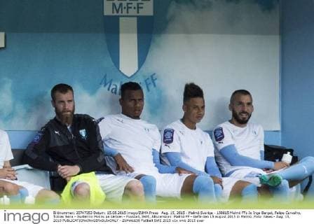 Aug. 15, 2015 - Malmö Sverige - 150815 Malmö FFs Jo Inge Berget, Felipe Carvalho, Tobias Sana - Guillermo Molins pa bänken - Fussball, SWE, Allsvenskan: Malmö FF - Gefle den 15 august 2015 in Malmö..Foto: News - Aug. 15, 2015 - ZUMAb138