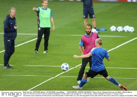 - MANCHESTER, UNITED KINGDOM: Club s Victor Vazquez Solsona and Club s Nikola Storm fight for the ball during a training session of Belgian soccer team Club Brugge KV in Manchester, United Kingdom, Monday 17 August 2015. Tomorrow Club is playing British soccer club Manchester United ManU FC, the first leg game of the play-offs for the UEFA Champions League competition. BRUNOxFAHY x04682403x