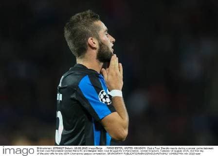 - MANCHESTER, UNITED KINGDOM: Club s Tuur Dierckx reacts during a soccer game between British club Manchester United ManU FC and Belgian team Club Brugge KV in Manchester, United Kingdom, Tuesday 18 August 2015, the first leg of the play-offs for the UEFA Champions League competition. BRUNOxFAHY x04682749x