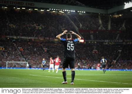 - MANCHESTER, UNITED KINGDOM: Club s Tuur Dierckx reacts during a soccer game between British club Manchester United ManU FC and Belgian team Club Brugge KV in Manchester, United Kingdom, Tuesday 18 August 2015, the first leg of the play-offs for the UEFA Champions League competition. BRUNOxFAHY x04682761x