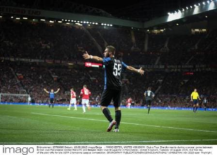- MANCHESTER, UNITED KINGDOM: Club s Tuur Dierckx reacts during a soccer game between British club Manchester United ManU FC and Belgian team Club Brugge KV in Manchester, United Kingdom, Tuesday 18 August 2015, the first leg of the play-offs for the UEFA Champions League competition. BRUNOxFAHY x04682764x