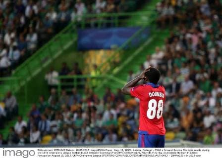 Aug. 18, 2015 - Lisbon, Portugal - CSKA s forward Seydou Doumbia reacts during the UEFA Champions League football match between Sporting CP and PFC CSKA Moskva, Play-off, First leg, at Alvalade stadium in Lisbon, Portugal on August 18, 2015. UEFA Champions League SPORTING-CSKA - ZUMAn230