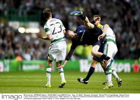Aug. 19, 2015 - Glasgow, Scotland - Malmö FFs Jo Inge Berget, Celtics Mikael Lustig, Scott Brown - Champions League Quali, Celtic Glasgow vs. Malmö FF - ZUMAb138