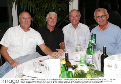 SOCCER - CL play off, Rapid vs Shakhtar VIENNA,AUSTRIA,19.AUG.15 - SOCCER - UEFA Champions League, play off, SK Rapid Wien vs FC Shakhtar Donetsk, VIP Club. Image shows Herbert Feurer, Rudolf Floegel, Karl Schranz and Branko Milanovic. Keywords: Wien Energie. GEPAxpictures xWalterxLuger
