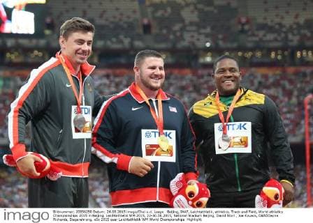 Beijing, IAAF, Leichtathletik, athletics, Track and Field, World athletics Championships 2015 in Beijing, Leichtathletik WM 2015, 22-30.08.2015, National Stadium Beijing, David Storl , Joe Kovacs, OâÄ™Dayne Richards, Siegerehrung,